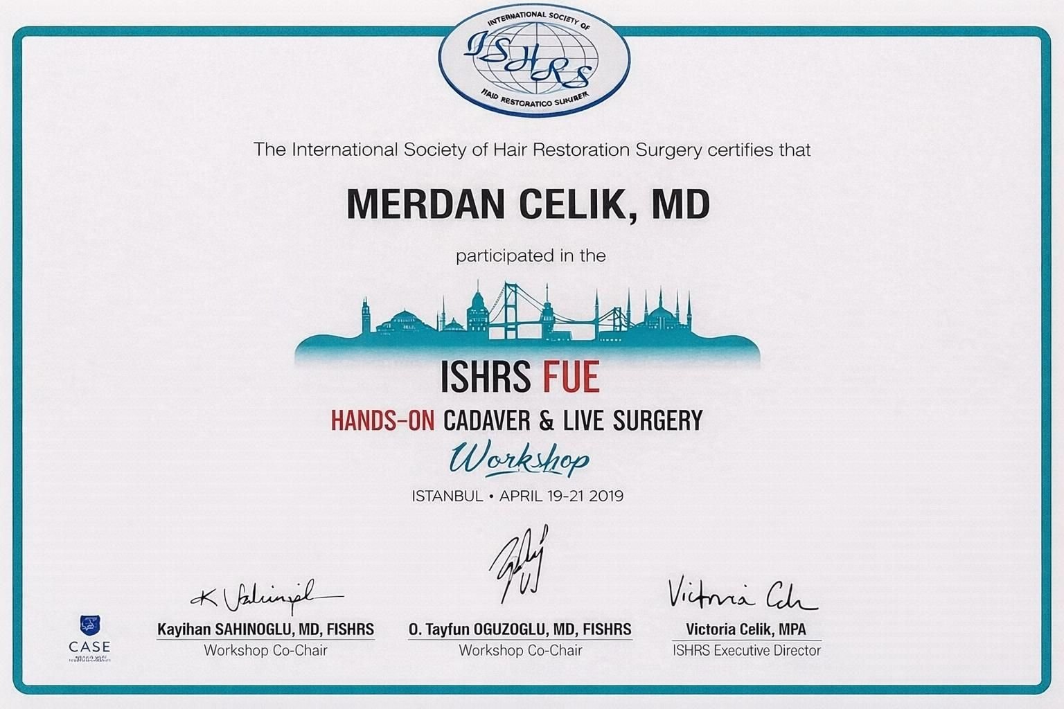 Certificat ISHRS FUE Hands-On Workshop — Merdan Celik, MD