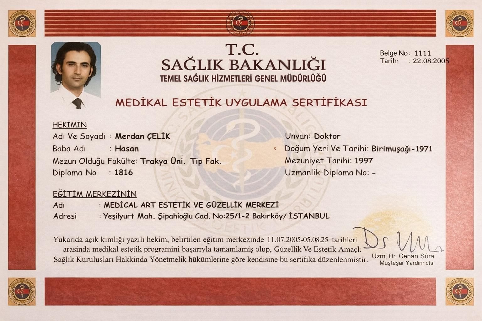 Certificat du Ministère de la Santé turc — Dr Merdan Çelik
