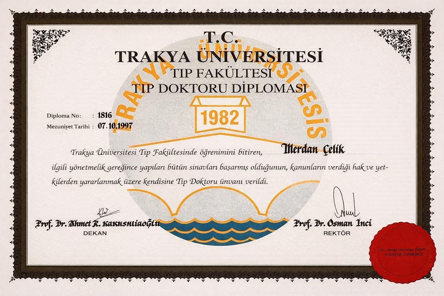 Diplôme de médecine du Dr Merdan Çelik — Université de Trakya, 1997